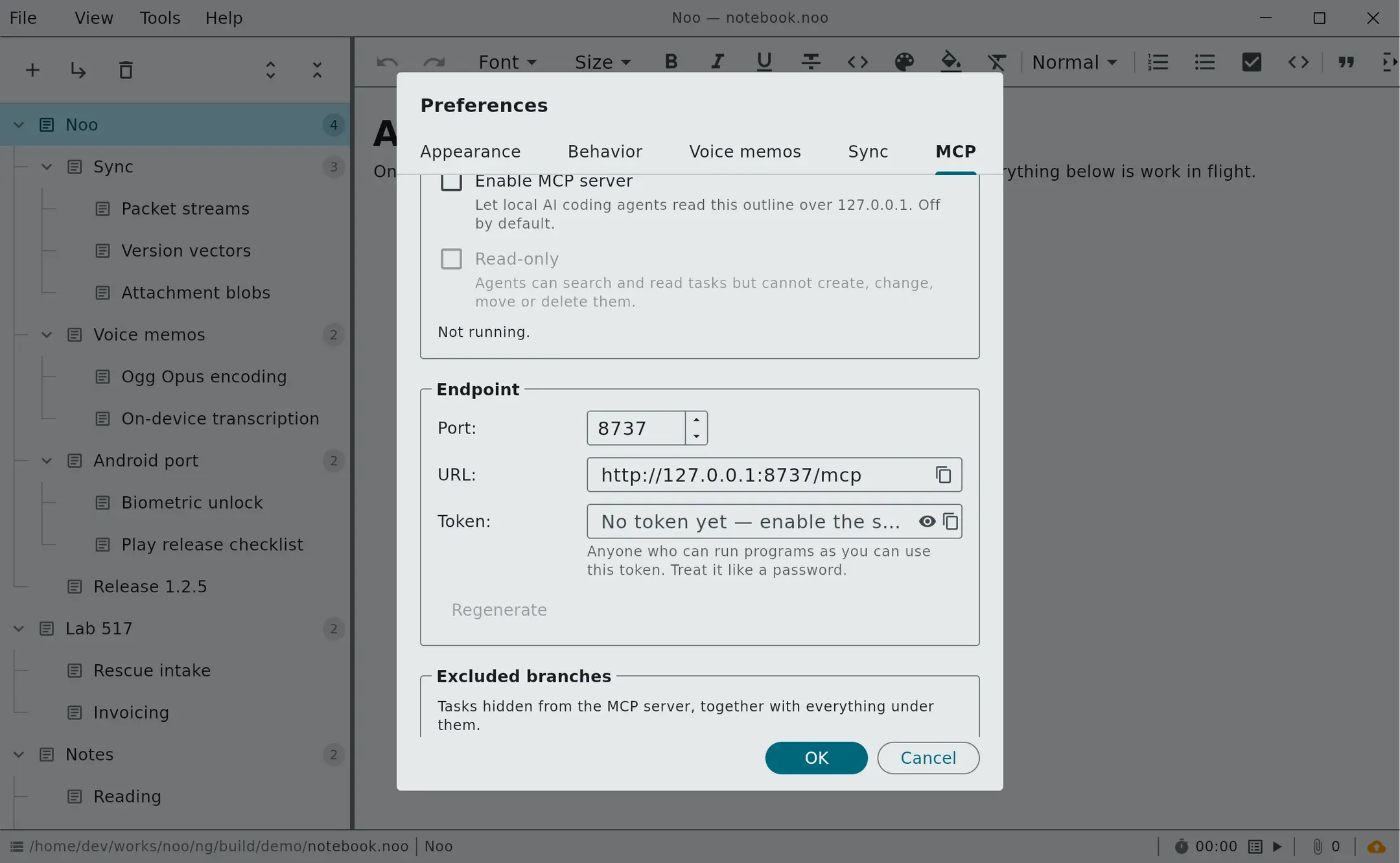 Noo's MCP preferences: an off-by-default switch for the agent server, a read-only option, the loopback endpoint on port 8737, an access token, and a list of excluded branches.