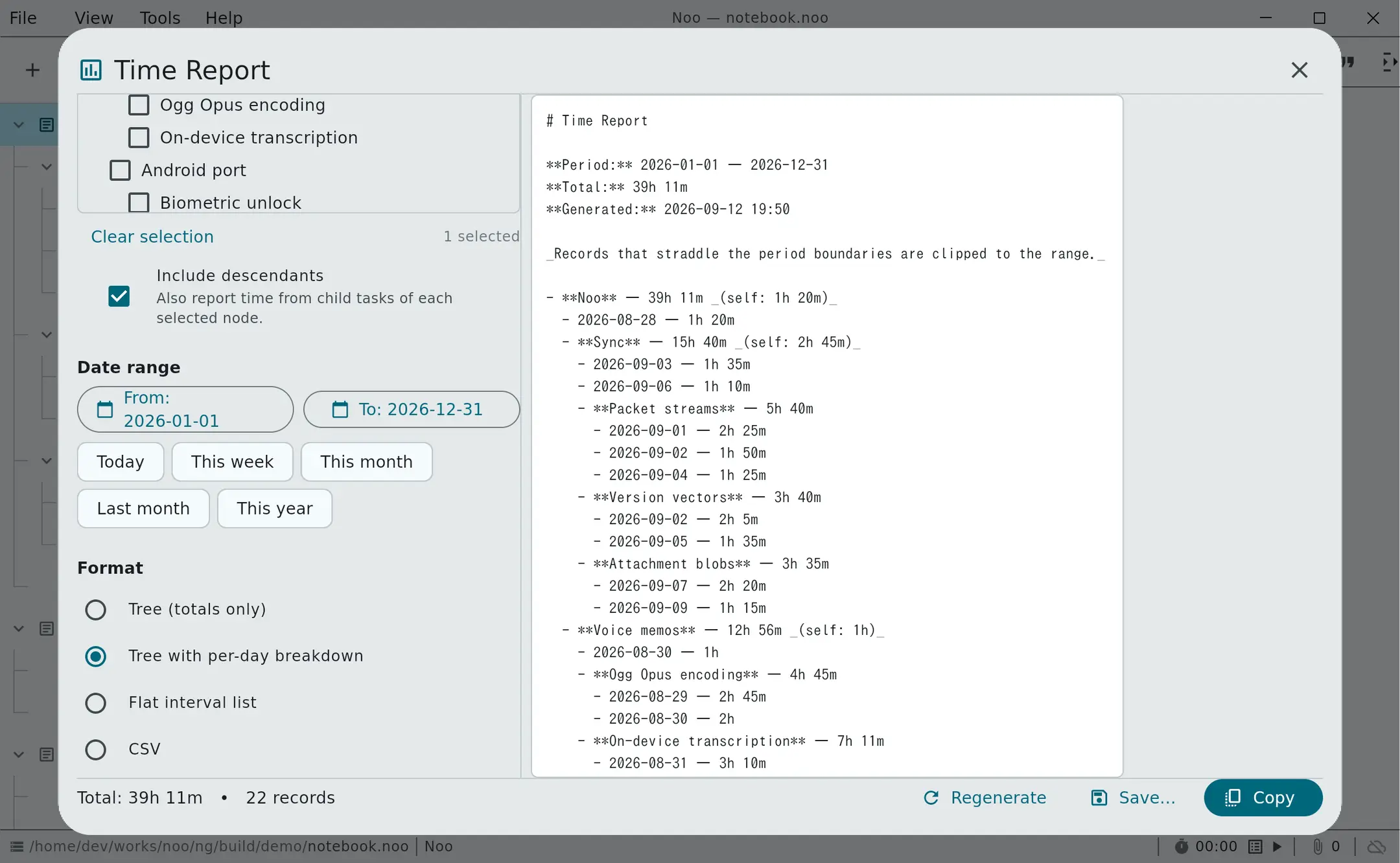 The Time Report dialog: a task tree with checkboxes, a date range, format options, and a generated report totalling 39 hours 11 minutes across 22 records.