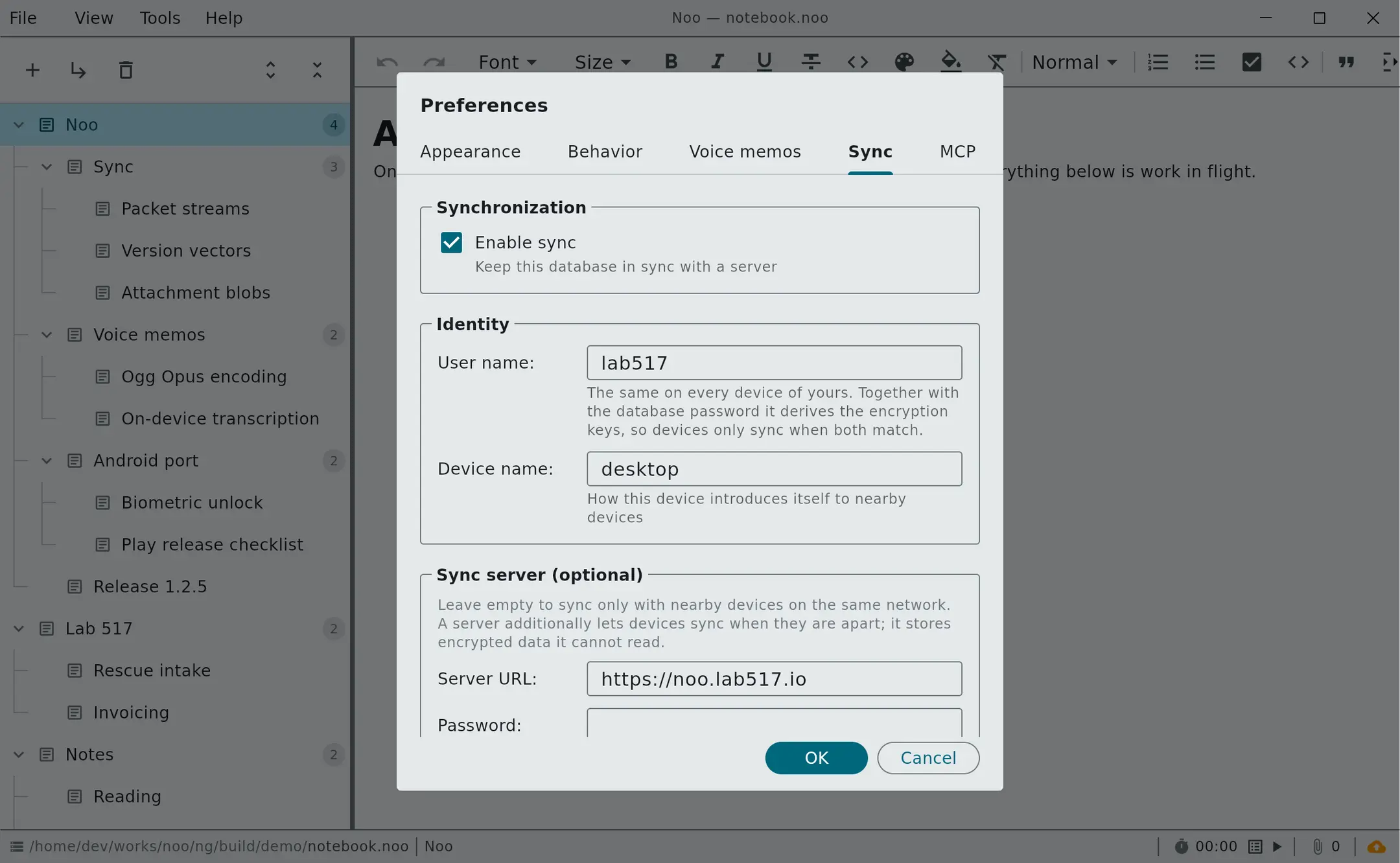 Noo's sync preferences: a user name, a device name, and an optional sync server URL, with a note explaining that the server stores encrypted data it cannot read.