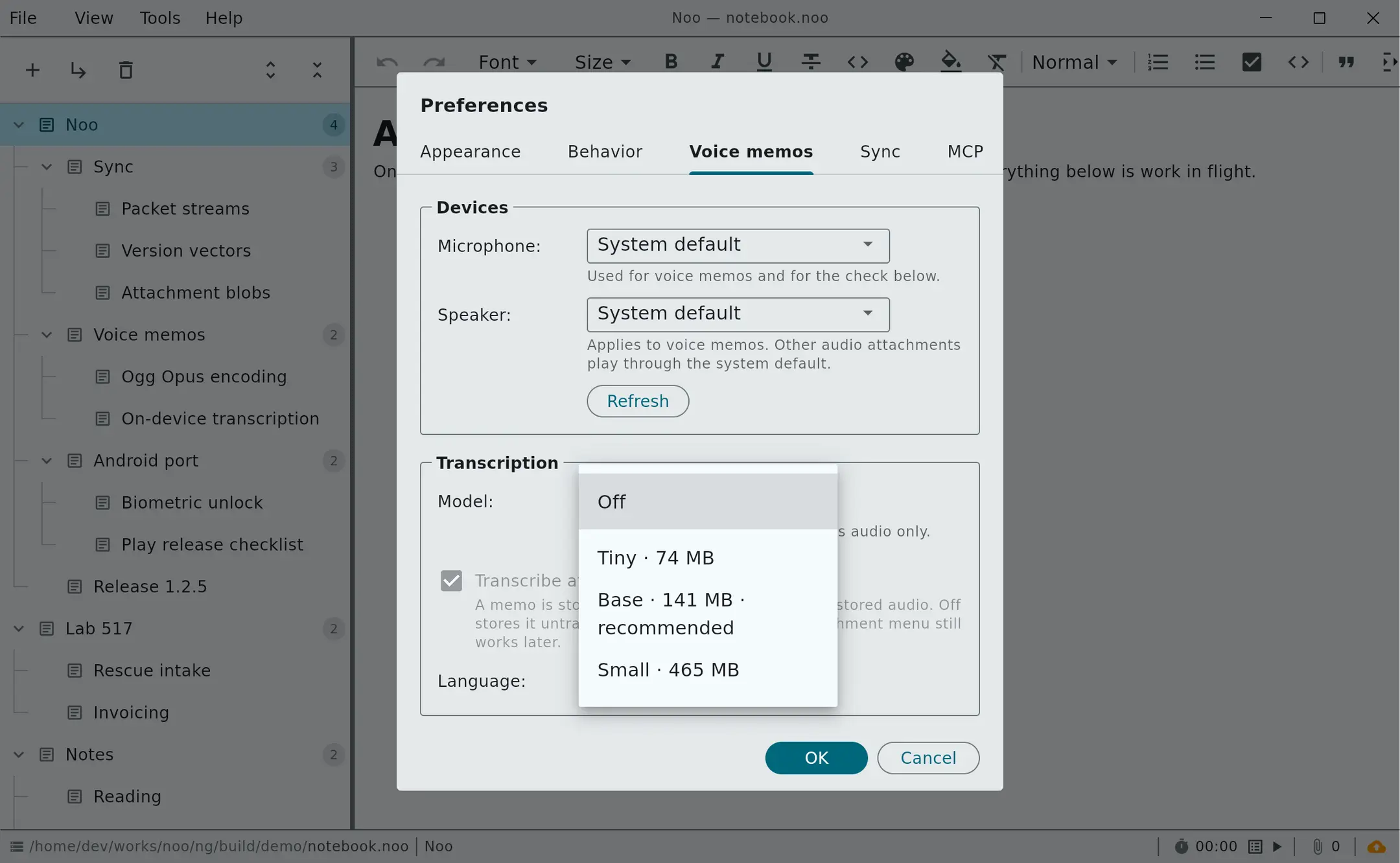 Noo's voice memo preferences with the transcription model list open, offering Off, Tiny at 74 MB, Base at 141 MB marked recommended, and Small at 465 MB.
